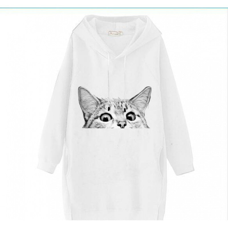 Damen Oversize Kapuzenkleid aus Sweat mit großem Katzenprint und Seitentaschen EB
