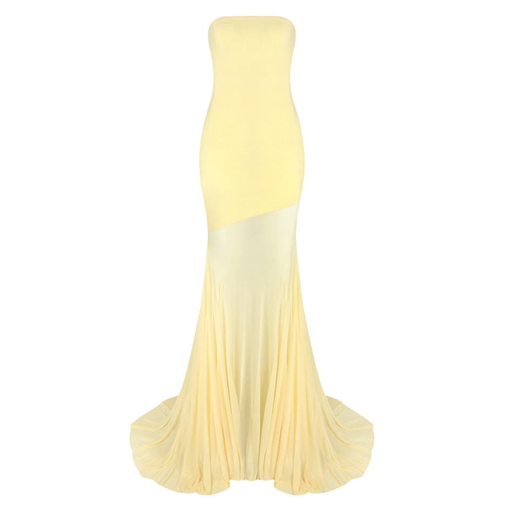 Damen Elegantes schulterfreies Maxikleid mit schimmerndem Stoff und voluminösem Rock EB