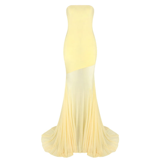 Damen Elegantes schulterfreies Maxikleid mit schimmerndem Stoff und voluminösem Rock EB