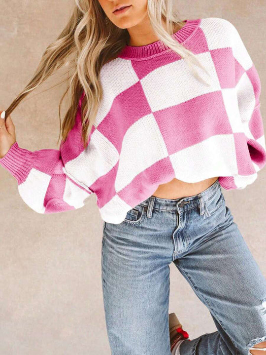 Damen modischer Pullover mit Karomuster und weitem Schnitt EB