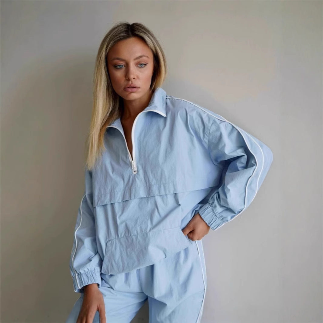 Damen Oversized Windjacke Halbzip-Anorak mit Kängurutasche und Paspelierung EB
