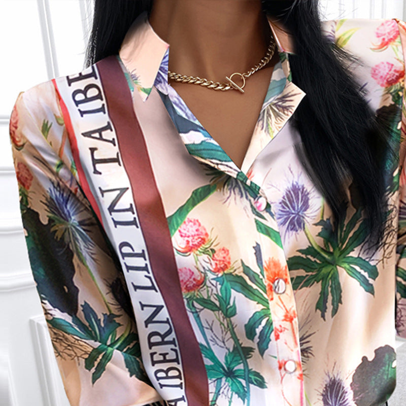 Damen floral bedruckte Bluse mit elegantem Satinfinish EB