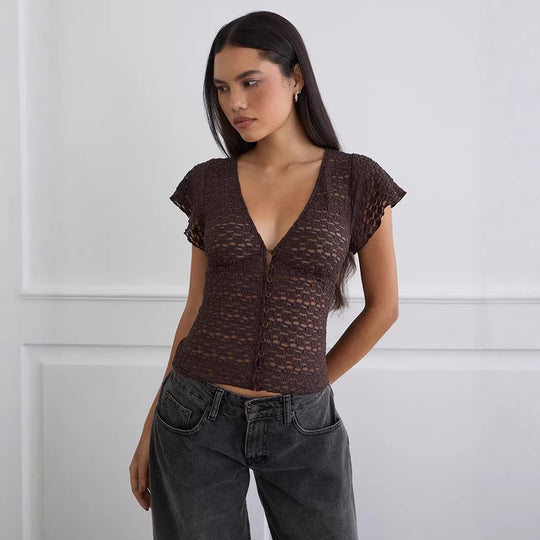 Damen Verspieltes Spitzenoberteil mit fließendem Design und kurzen Puffärmeln EB