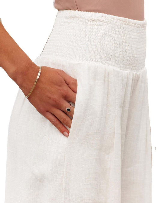 Damen weite Leinenhose mit elastischem Taillenbund und seitlichen Falten EB