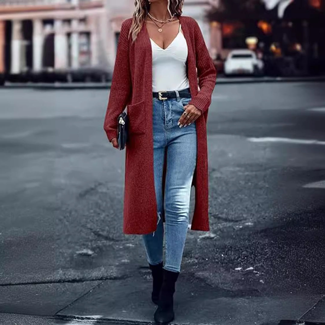 Damen Langer Strickcardigan mit tiefen Taschen und offenem Schnitt EB