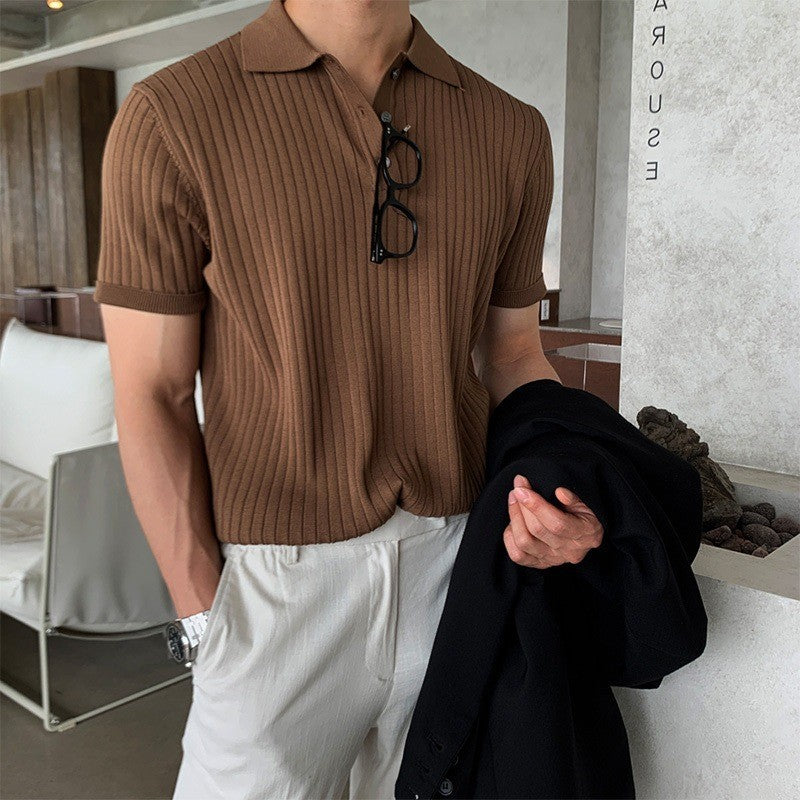 Herren nan schmal geschnittenes geripptes Poloshirt aus Feinstrick mit Kurzarm und Polokragen EB