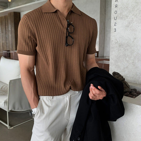 Herren nan schmal geschnittenes geripptes Poloshirt aus Feinstrick mit Kurzarm und Polokragen EB