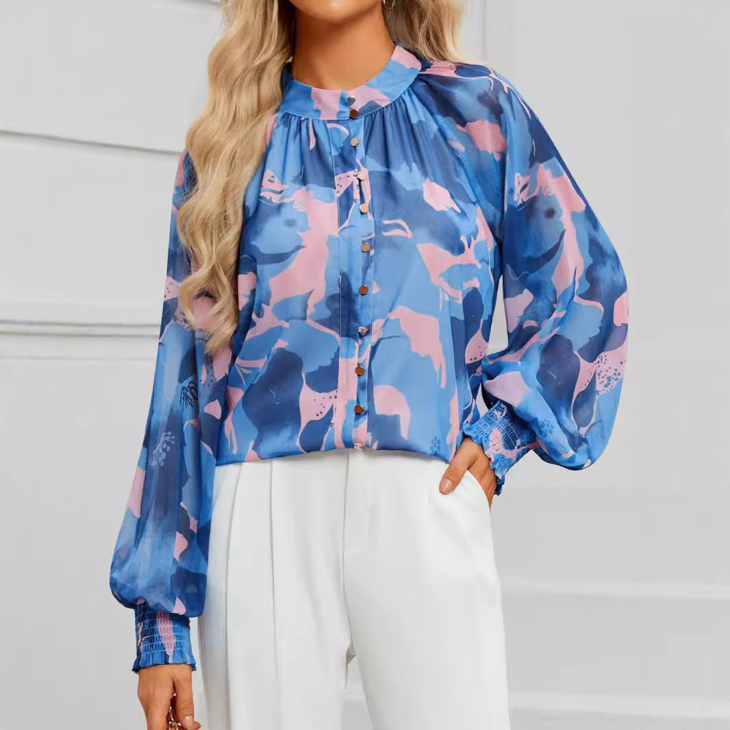 Damen Bluse mit kunstvollem Druck und geschöpften Ärmeln EB