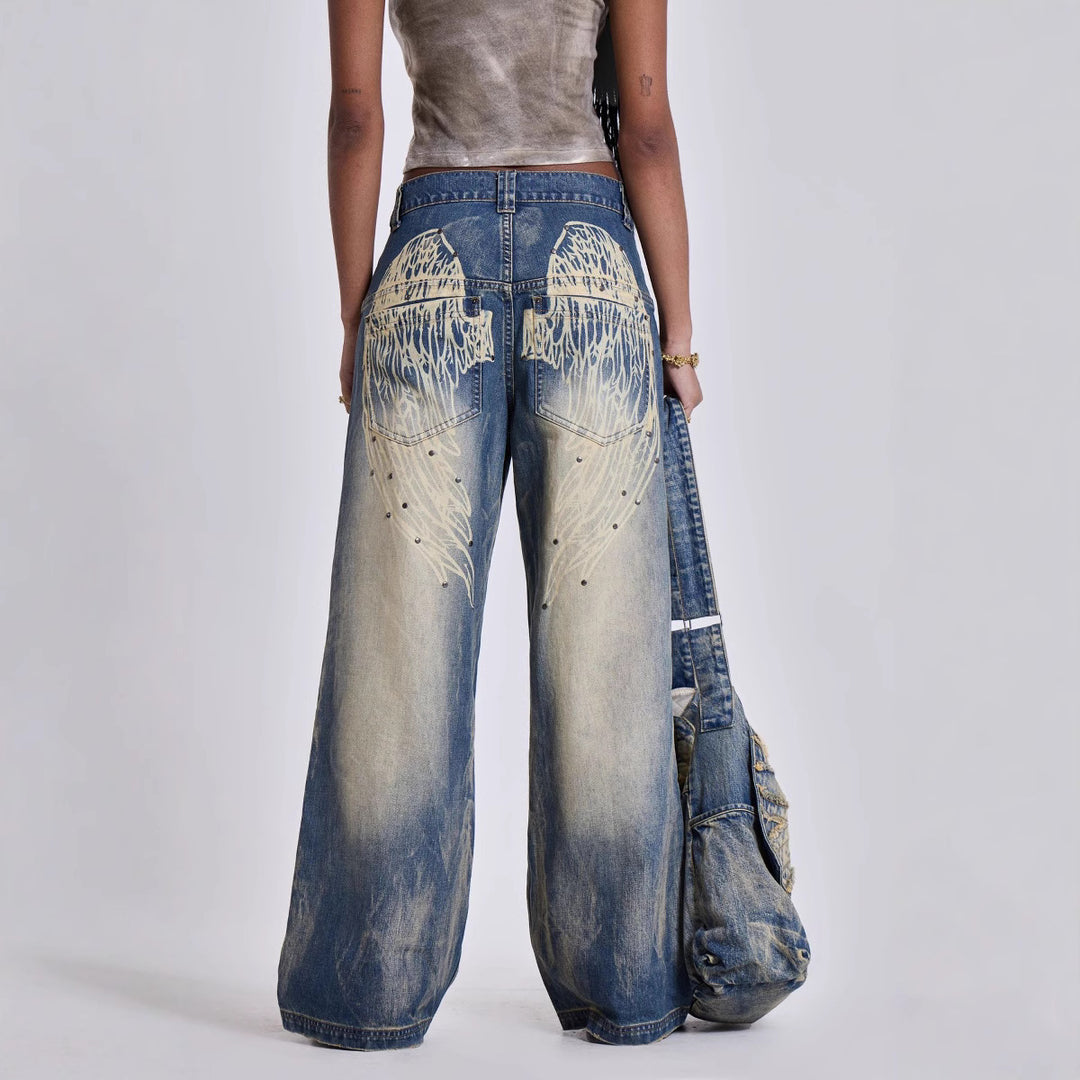 Damen weite Jeans mit kunstvollem Flügel-Design und einzigartigen Details EB