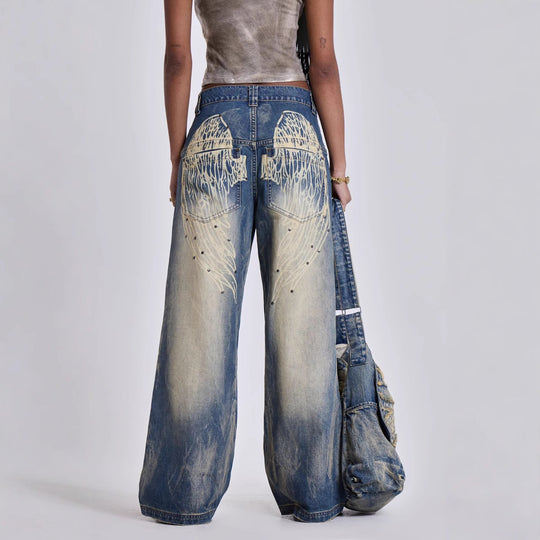 Damen weite Jeans mit kunstvollem Flügel-Design und einzigartigen Details EB
