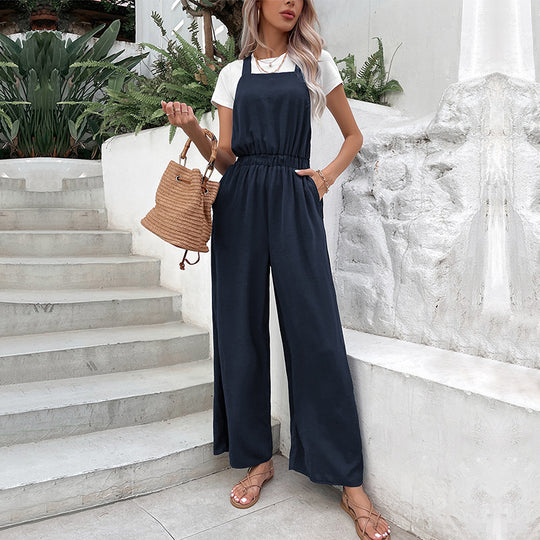 Damen lässiger Jumpsuit mit weitem Bein und elastischem Bund EB