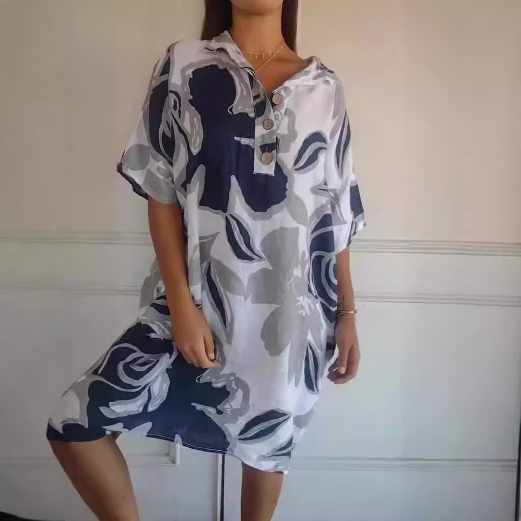 Damen luftiges Strandkleid mit modischem Muster und seitlichen Taschen EB