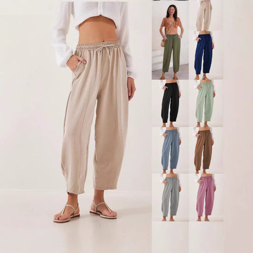 Damen Bequeme, weit geschnittene Sommerhose mit elastischem Bund und seitlichen Taschen EB