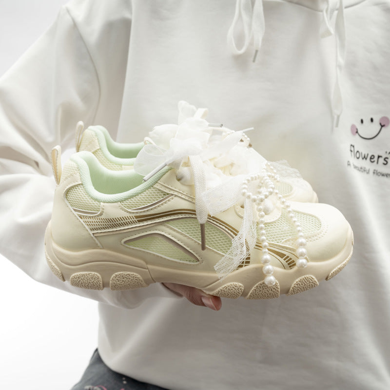 Damen Sportliche Sneakers mit dekorativen Perlenschnürsenkeln und atmungsaktiver Mesh-Oberfläche EB