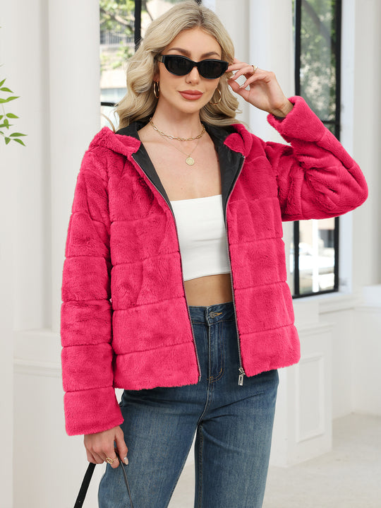 Damen Kuschelige Oversized-Fleecejacke mit Reißverschluss und Kapuze EB