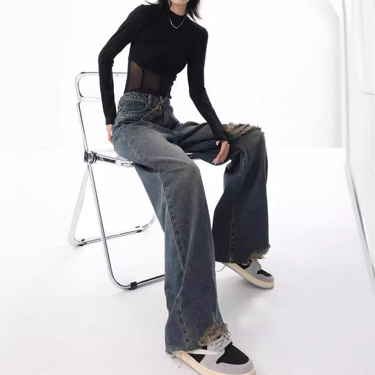 Damen Weite High-Waist Jeans im lässigen Used-Look mit modischen Rissen EB