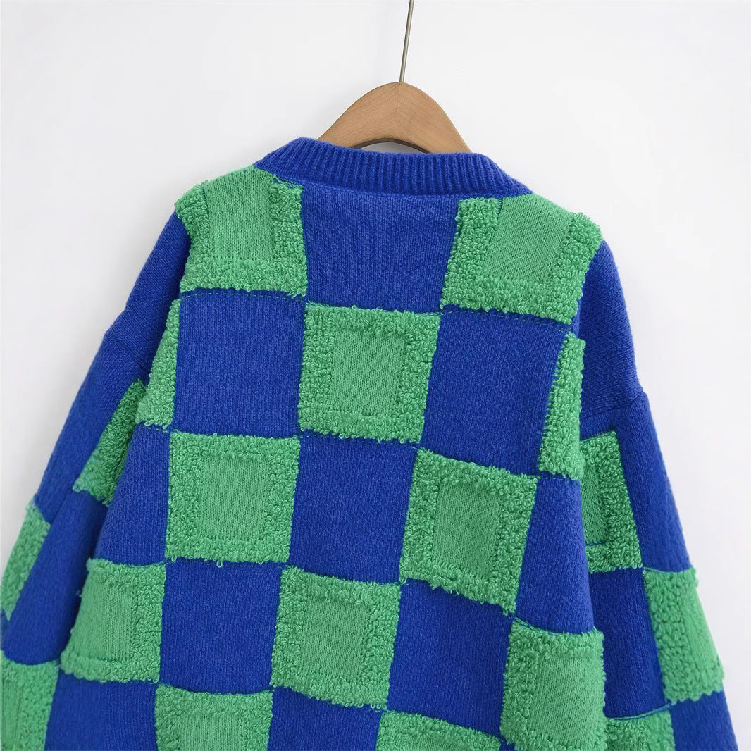 Damen modischer Strickpullover mit grafischem Blockmuster EB