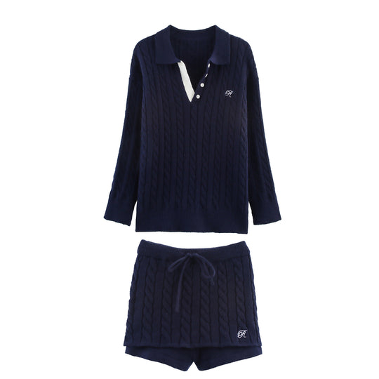 Damen Strick-Pyjama-Set mit klassischem Muster und elegantem Kragen EB