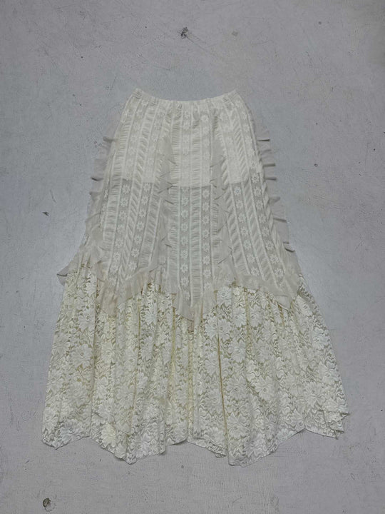 Damen eleganter Maxirock mit raffinierten Rüschen und Spitzenakzenten EB