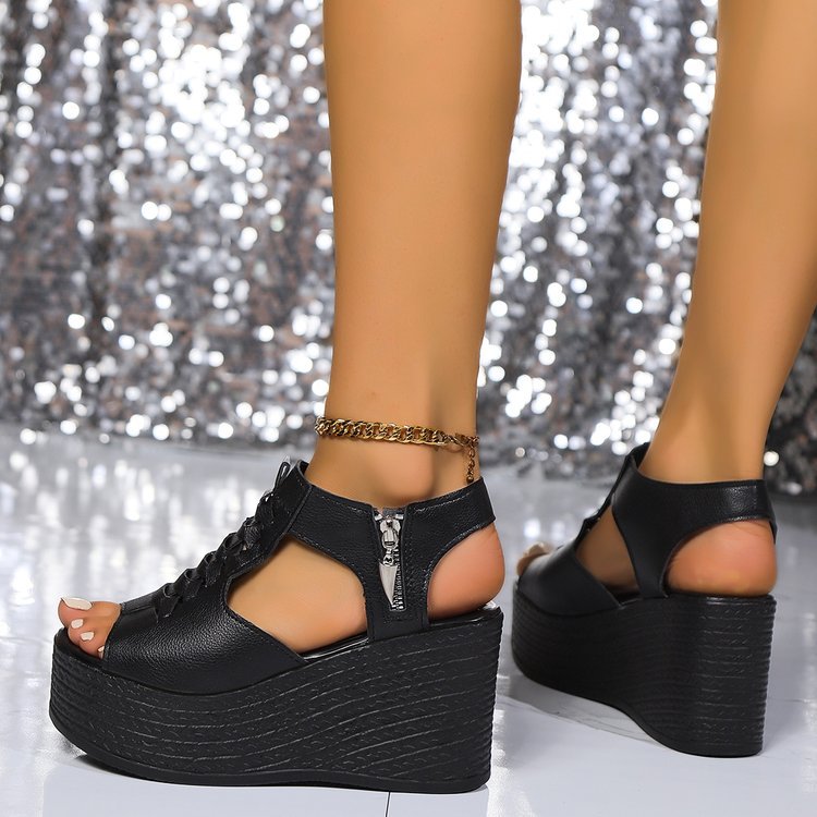 Damen Plateau-Sandalen mit modischer Schnürung und luftiger Obermaterialstruktur EB