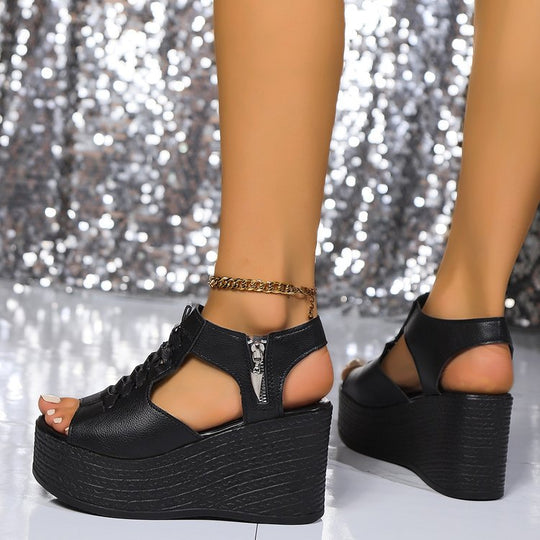 Damen Plateau-Sandalen mit modischer Schnürung und luftiger Obermaterialstruktur EB