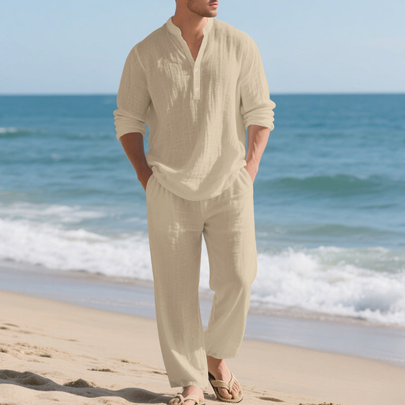 Herren entspannendes Langarm-Hemd & Freizeithose Set EB