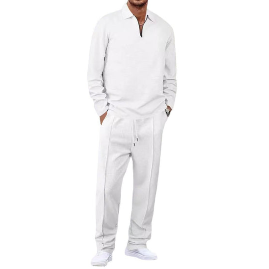 Unisex nan Waffelstruktur Freizeit-Set mit Halbzip-Poloshirt und elastischer Bundhose EB