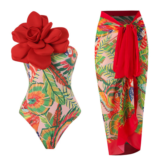 Damen Eleganter Badeanzug mit großem Blumen-Detail und transparentem Überrock EB
