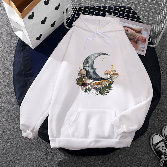 Damen nan lässiger Kapuzenpullover mit künstlerischem Mond‑und‑Pilzmotiv, weichem Fleecefutter und Kängurutasche EB