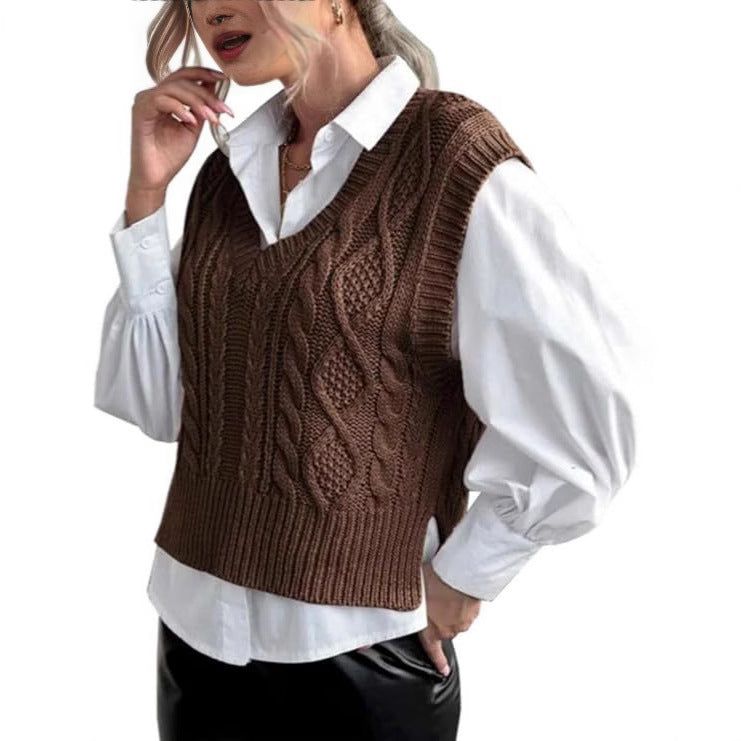 Damen Strickweste mit V-Ausschnitt und Zopfmuster EB