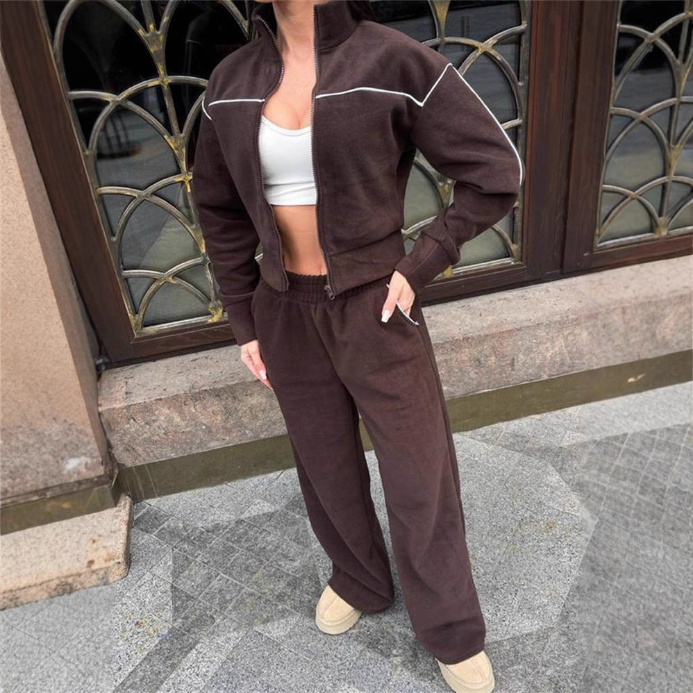Damen Kurzgeschnittenes Zip-Oberteil mit lockerfallender High-Waist-Loungehose EB
