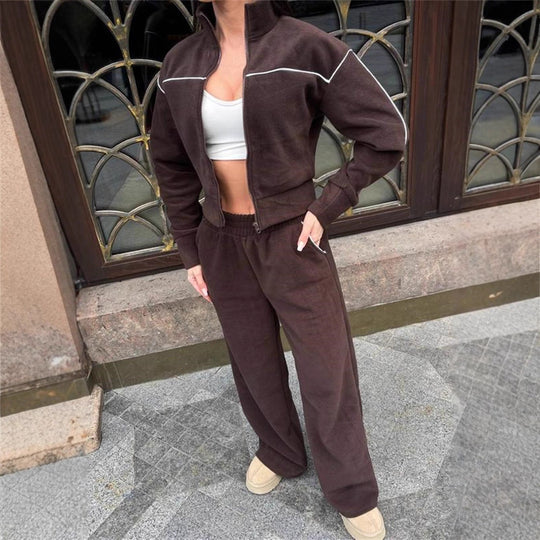 Damen Kurzgeschnittenes Zip-Oberteil mit lockerfallender High-Waist-Loungehose EB