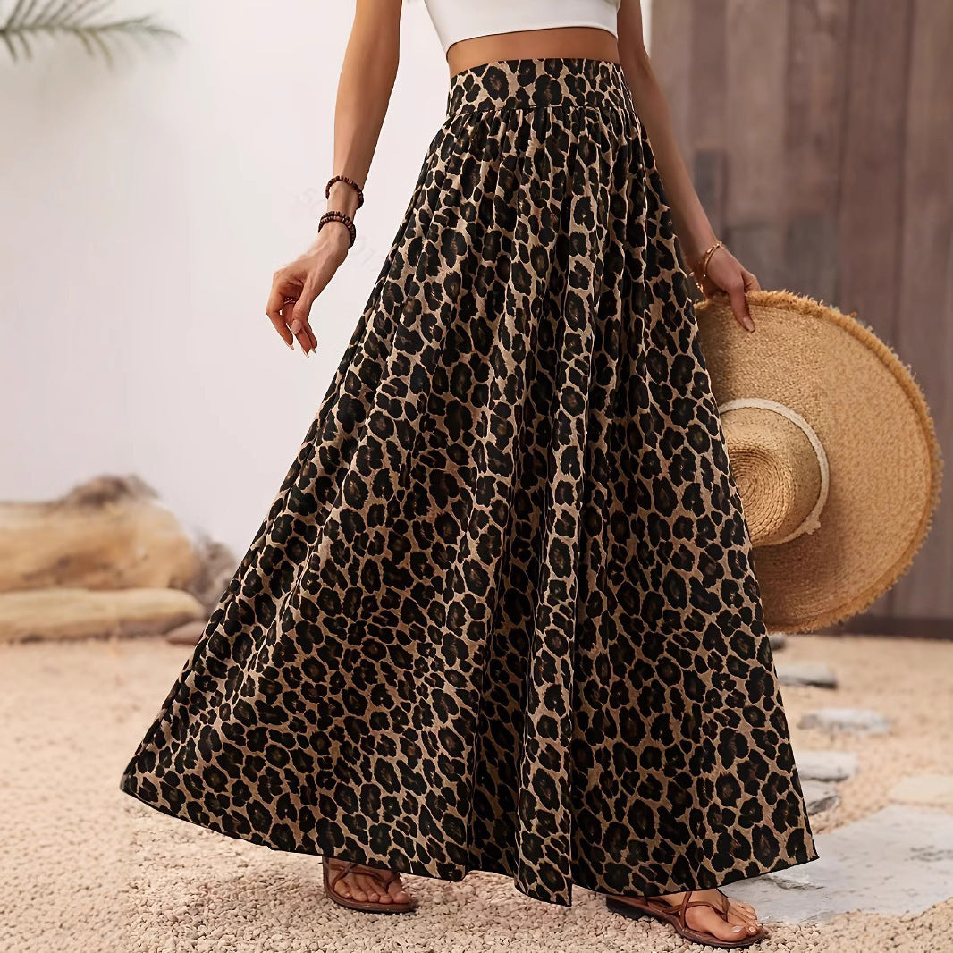 Damen Maxi-Rock mit elastischem Bund und Leopardenmuster EB