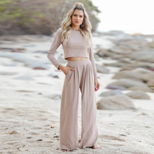 Damen Lässiger Wide-Leg Jumpsuit mit langen Ärmeln und praktischen Taschen EB