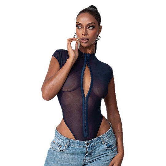 Damen Translucenter Body mit Reißverschluss und figurbetonendem Design EB