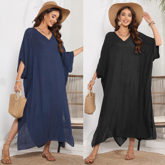 Damen luftiges Sommer-Kleid mit V-Ausschnitt und asymmetrischem Saum EB