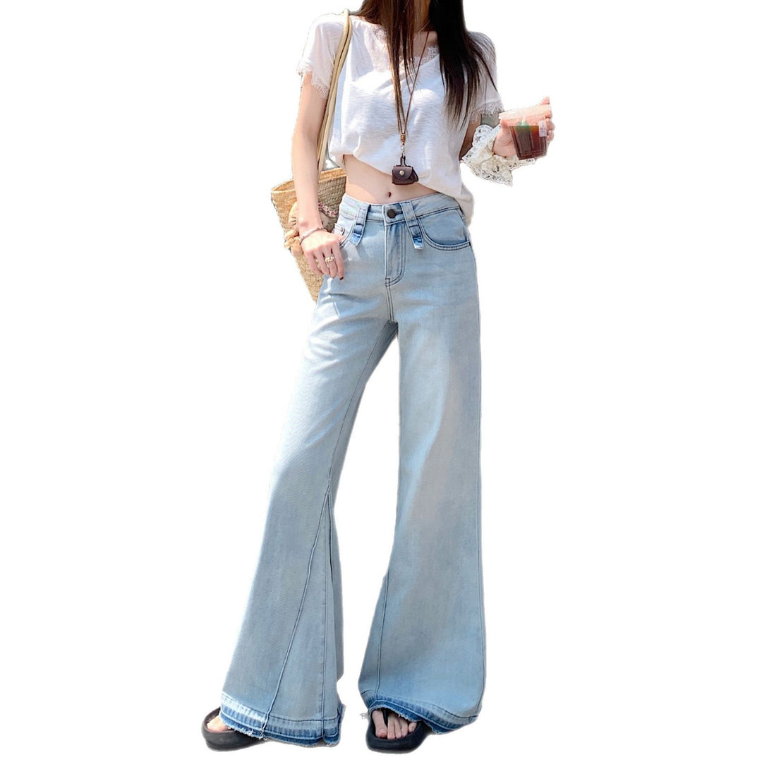 Damen weite Bootcut-Jeans mit hohem Bund und ausgefallenem Design EB