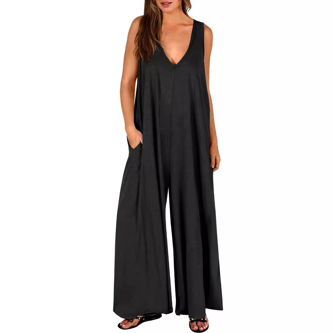 Damen Lockerer Jumpsuit mit tiefem V-Ausschnitt und seitlichen Taschen EB