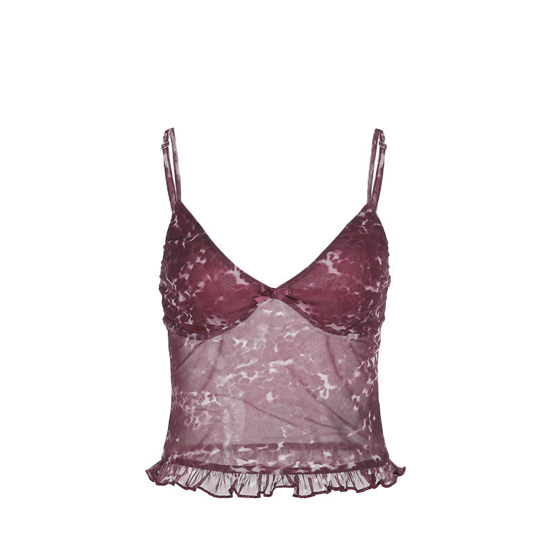 Damen Spaghetti-Träger-Top mit transparentem Obermaterial und Rüschendetail EB
