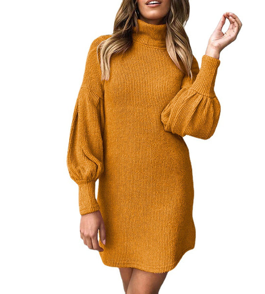 Damen kuscheliges Rippstrickkleid mit hohem Kragen und Puffärmeln EB