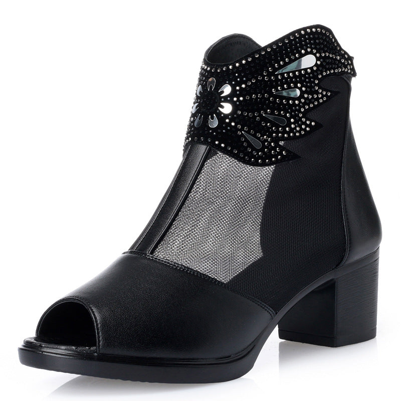 Damen Offene Stiefeletten mit transparentem Mesh-Einsatz und funkelnden Verzierungen EB