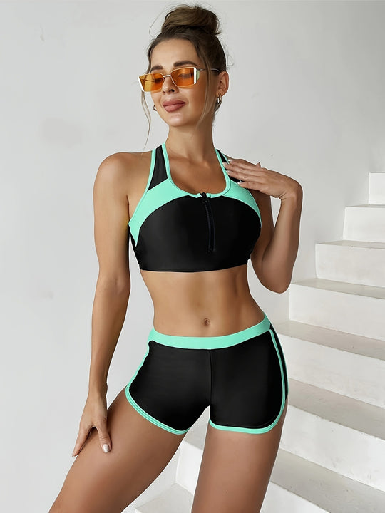 Damen Sportliches Bikini-Set mit kurzer Hose und Reißverschluss EB