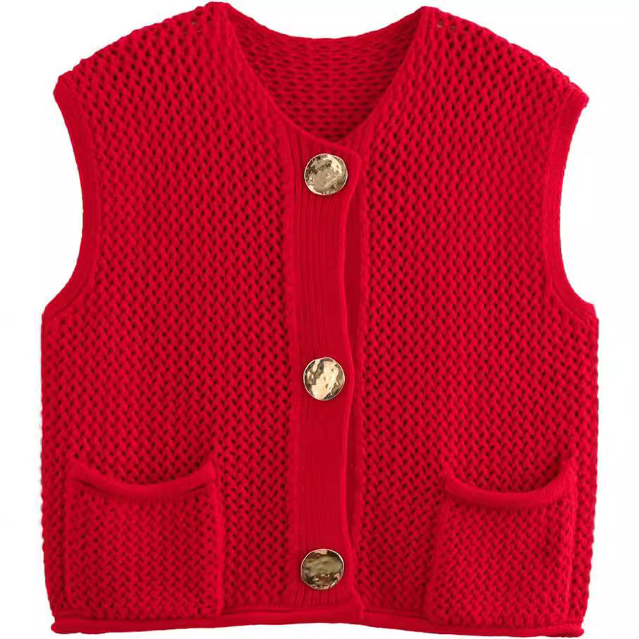 Damen Strickweste mit dekorativen Knöpfen und Taschen EB