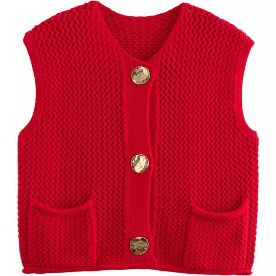 Damen Strickweste mit dekorativen Knöpfen und Taschen EB