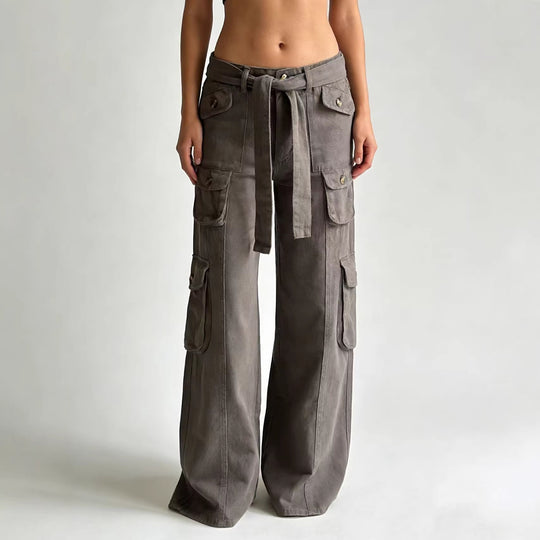 Damen nan weite Cargo-Hose mit hoher Taille, Bindegürtel und mehreren aufgesetzten Klappentaschen EB