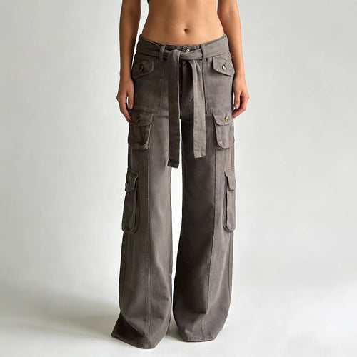 Damen nan weite Cargo-Hose mit hoher Taille, Bindegürtel und mehreren aufgesetzten Klappentaschen EB