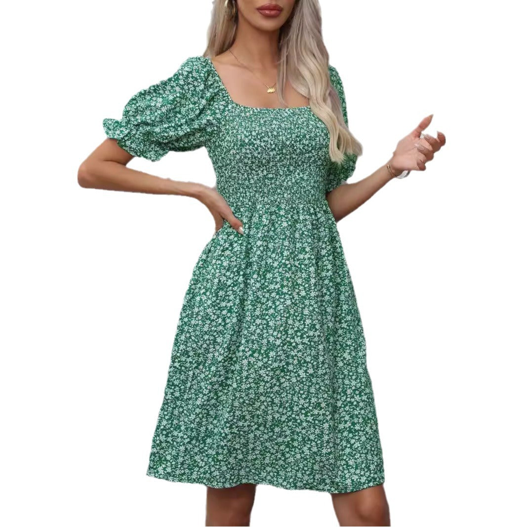 Damen Blumenkleid mit Puffärmeln und Gummizug EB