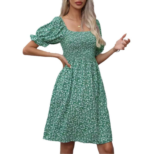 Damen Blumenkleid mit Puffärmeln und Gummizug EB