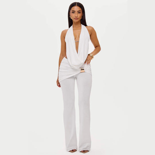 Damen elegantes, figurbetontes Jumpsuit mit tiefem Ausschnitt und weitem Bein EB