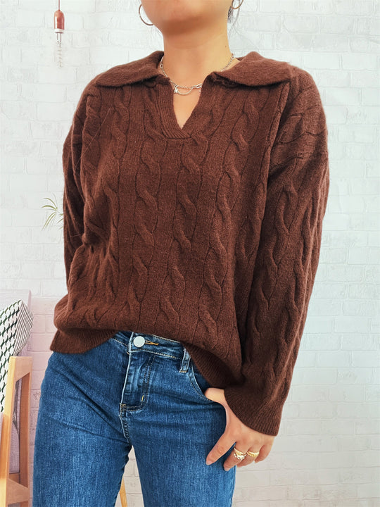 Damen Grobstrickpullover mit farbenfrohem Zopfdesign und klassischem Kragen EB